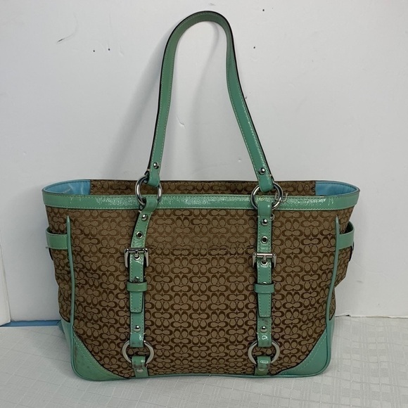 Coach Gallery Signature Jacquard, Tan Patent Satchel Shoulder Bag #D0878-F12346 - Picture 1 of 9